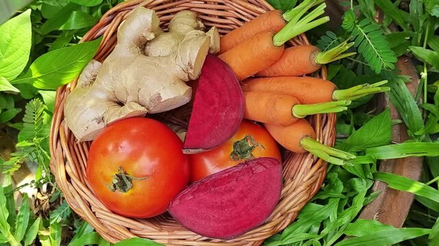 Ginger, beetroot, carrots, tomatoes, and centella leaves in the basket.