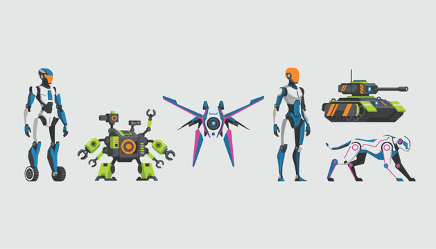 Futuristic robot characters and military vehicles set including humanoids, drone, tank, and robotic dog on grey background.