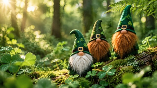 Three Leprechauns in a Forest: Three charming leprechauns, adorned in green hats and suits with clover emblems, stand together in a sun-dappled forest, embodying the spirit of St. Patrick's Day.