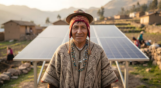 Indigenous man standing in front of solar panels in a rural andean village