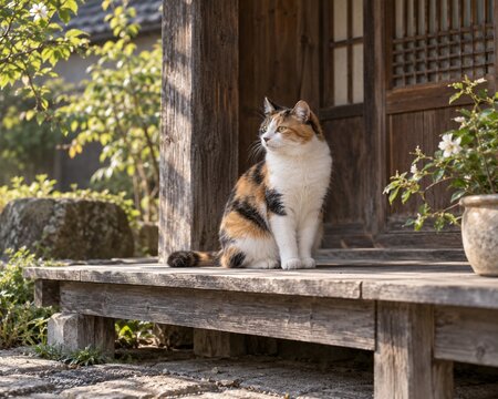 Calico Cat on a Rustic Porch
