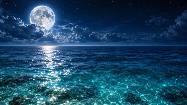 Ocean Moonlight Serenade: A luminous full moon casts a shimmering path across a tranquil ocean, illuminating the clear, azure water below in a breathtaking display of nocturnal beauty.