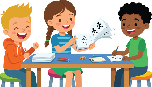 Happy children drawing animation flipbook vector illustration for creative education and school projects