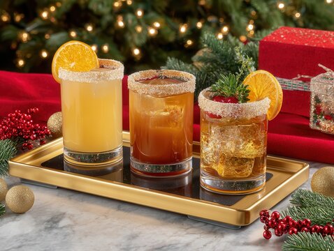 Holiday cocktails assortment on festive tray