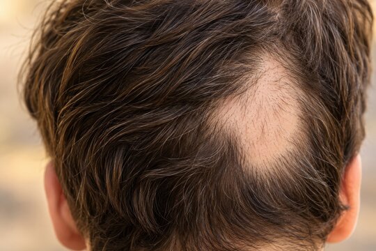 the scalp shows a bald patch from alopecia areata in closeup
