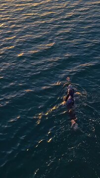 A lone swimmer navigates calm ocean waters during golden hour, embodying determination and focus through rigorous open water training.