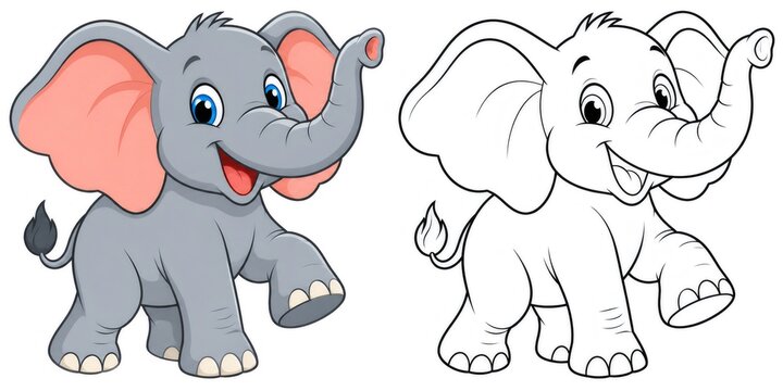 Cute baby elephant cartoon illustration and coloring page