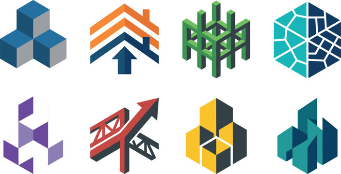 Colorful Geometric 3D Abstract Logo Collection with Cubes Arrows Network and Modern Technology Symbols