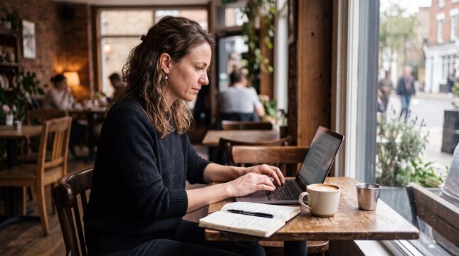 Freelancer Working on Laptop in Local Cafe