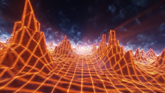 Retro synthwave neon wireframe landscape with glowing mountains and dark cosmic nebula sky