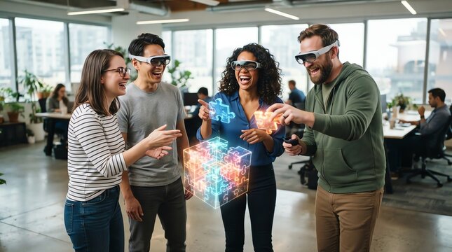 Diverse team interacting with holographic puzzle in office