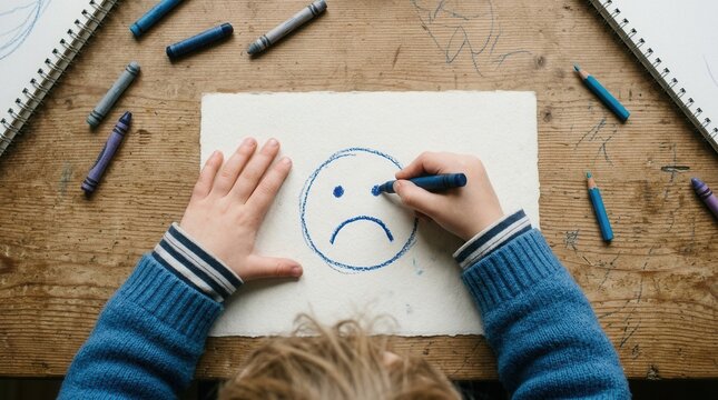 Childhood Sadness Expressed Through Crayon Art On A Wooden Table