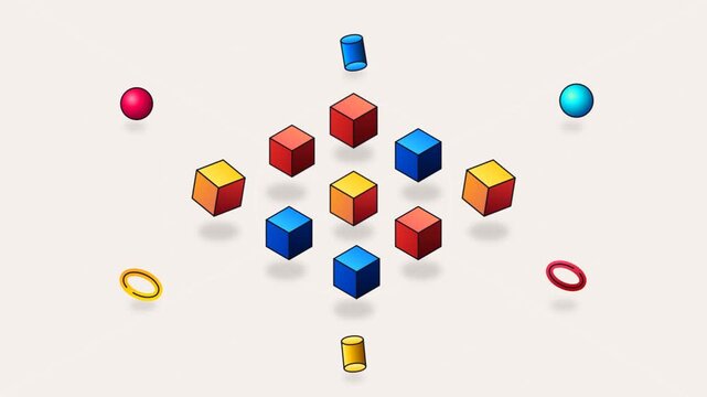 Isometric floating 3D cubes grid animation with rotating colorful spheres cylinders and torus rings, abstract geometric structure motion graphic on light background