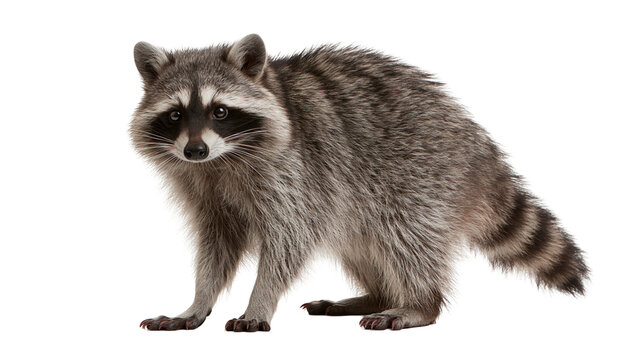 Full body side view of a fluffy North American raccoon with a striped tail