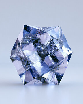 A large multifaceted crystal containing miniature interconnected topic clusters, tiny geometric structures suspended inside, photorealistic 3D materials, pale lavender and icy blue reflections, clean