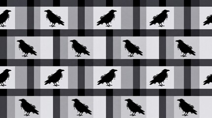 Obraz premium Gothic Raven Silhouette on Black and Grey Plaid Seamless Pattern