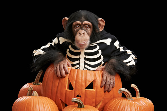 Chimpanzee in skeleton costume resting on carved jack-o-lantern pumpkin