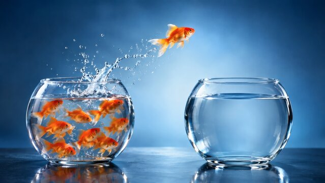 Goldfish Leap to New Horizon: A lone goldfish dramatically leaps from a crowded fishbowl into an empty, clear bowl, symbolizing a daring escape and pursuit of a better future.