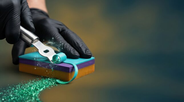 Hand using premium citrus zester to cut green glitter visualizing high-value material recovery in action