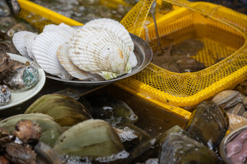 Fresh raw white clams submerged in water in round red bowl displayed at traditional seafood market in South Korea. © 완수 안
