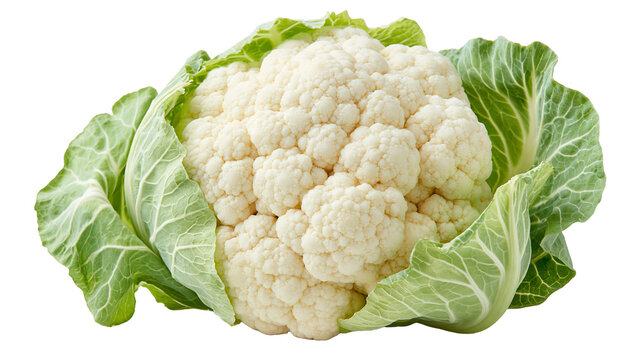 Fresh raw cauliflower head with vibrant green leaves