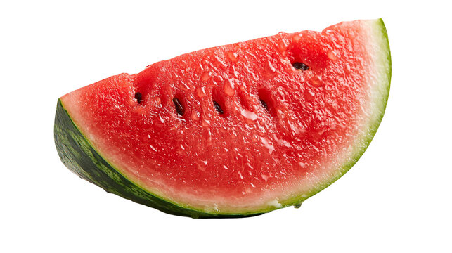 Fresh juicy watermelon slice with water droplets and black seeds