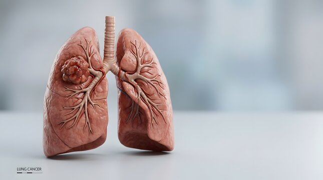 Photorealistic 3D anatomical model of human lungs featuring a malignant tumor growth, suitable for medical education and oncology research concepts.