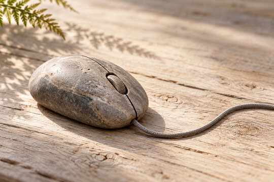 Computermaus aus Naturstein auf Holz