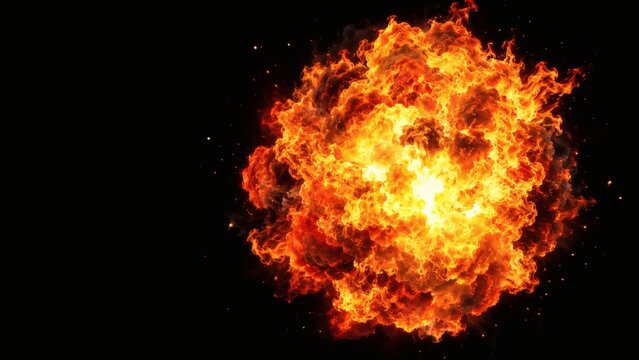 Explosive Burst of Fire: A brilliant explosion of fire erupts with intense heat and light against a dark background, scattering sparks and illuminating the darkness with its raw power.
