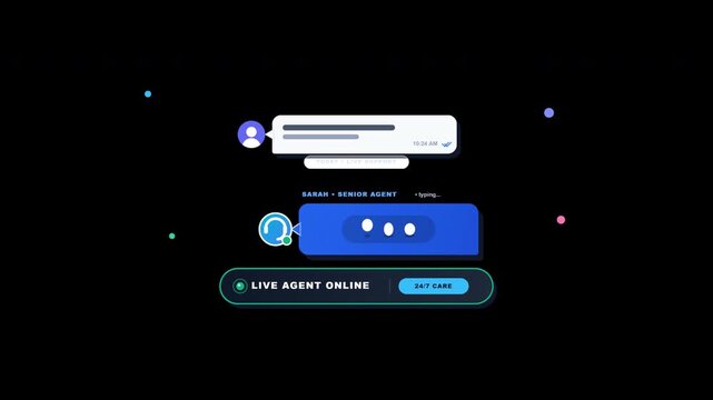 Flat design customer support chat bubble animated typing dots and a headset icon, isolated on a transparent background for digital communication concepts