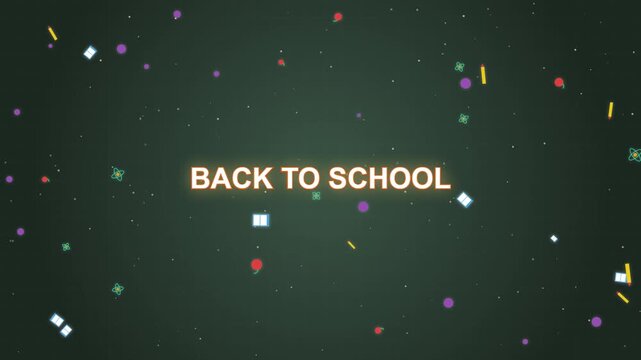 Back to School glowing text on green chalkboard background with floating animated school icons