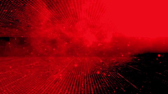 Dynamic red laser grid explosion in futuristic tech environment with motion blur