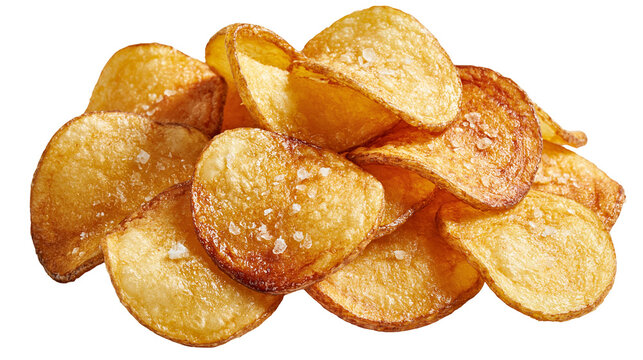Golden crispy potato chips with sea salt crystals piled in a heap