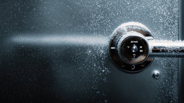 Close-up of frozen safe dial and handle covered in ice and water droplets. Metallic safe door with combination lock handle, encrusted ice glistening water droplets, suggesting cold storage or security