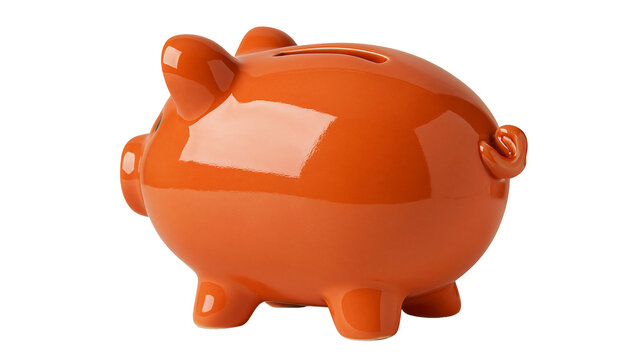 Glossy orange ceramic piggy bank with a curly tail and coin slot
