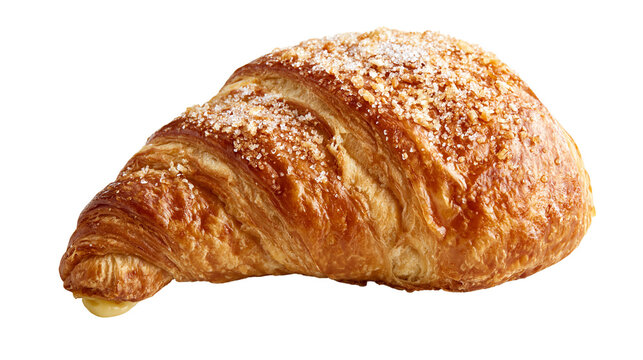 Golden flaky croissant pastry topped with crunchy granulated sugar crystals
