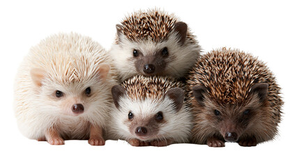 Four cute hedgehogs with different fur colors huddled together © Ari