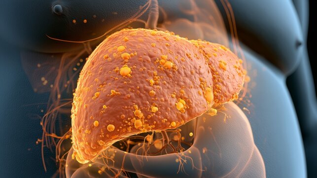 Detailed 3D illustration of fatty liver showing liver steatosis for non-alcoholic fatty liver disease awareness