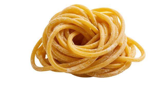 Raw golden spaghetti pasta nest coiled in a circular shape
