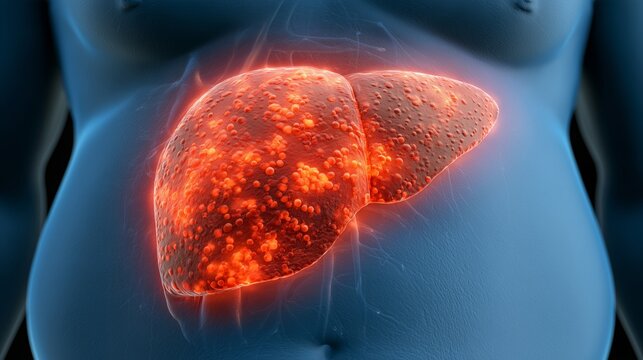 Obese man shows detailed 3D illustration of liver with steatosis for non-alcoholic fatty liver disease awareness