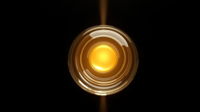 Golden sphere radiates light. Concentric circles create depth, contrast against dark background. Minimalist design, warm tones dominate image.