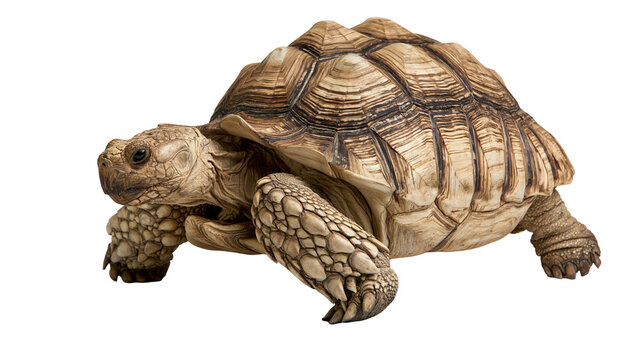 African spurred tortoise with textured brown shell and scaly skin