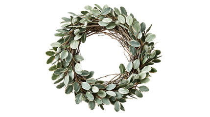 Rustic decorative wreath made of green eucalyptus leaves and woven brown twigs © Ari