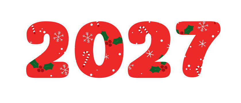 Red Christmas number 2027 decorated with candy canes and holly berries isolated on transparent or white background for New Year festive design