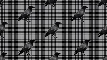 Obraz premium Seamless monochrome plaid pattern with spooky black raven silhouettes