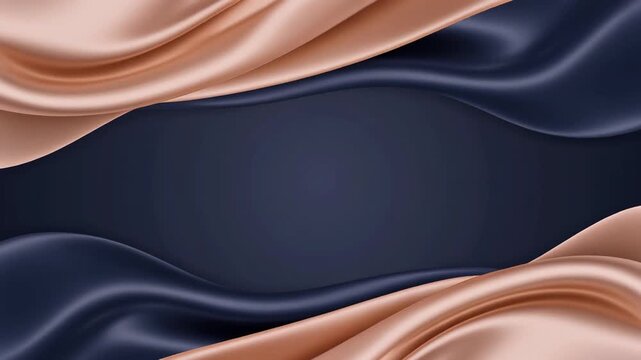 Elegant wavy silk fabric background in pastel rose gold and dark navy blue with a center copy space