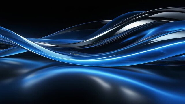 Abstract 3D blue and black glass wave background with smooth flowing curves and reflections
