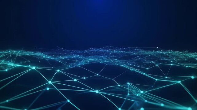 Futuristic digital network background with glowing blue nodes and connecting lines, abstract data wave