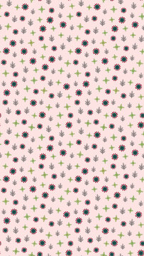 Seamless pattern of stylized flowers and leaves on pink