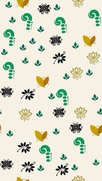 Seamless pattern of stylized green, black, and gold floral and leaf